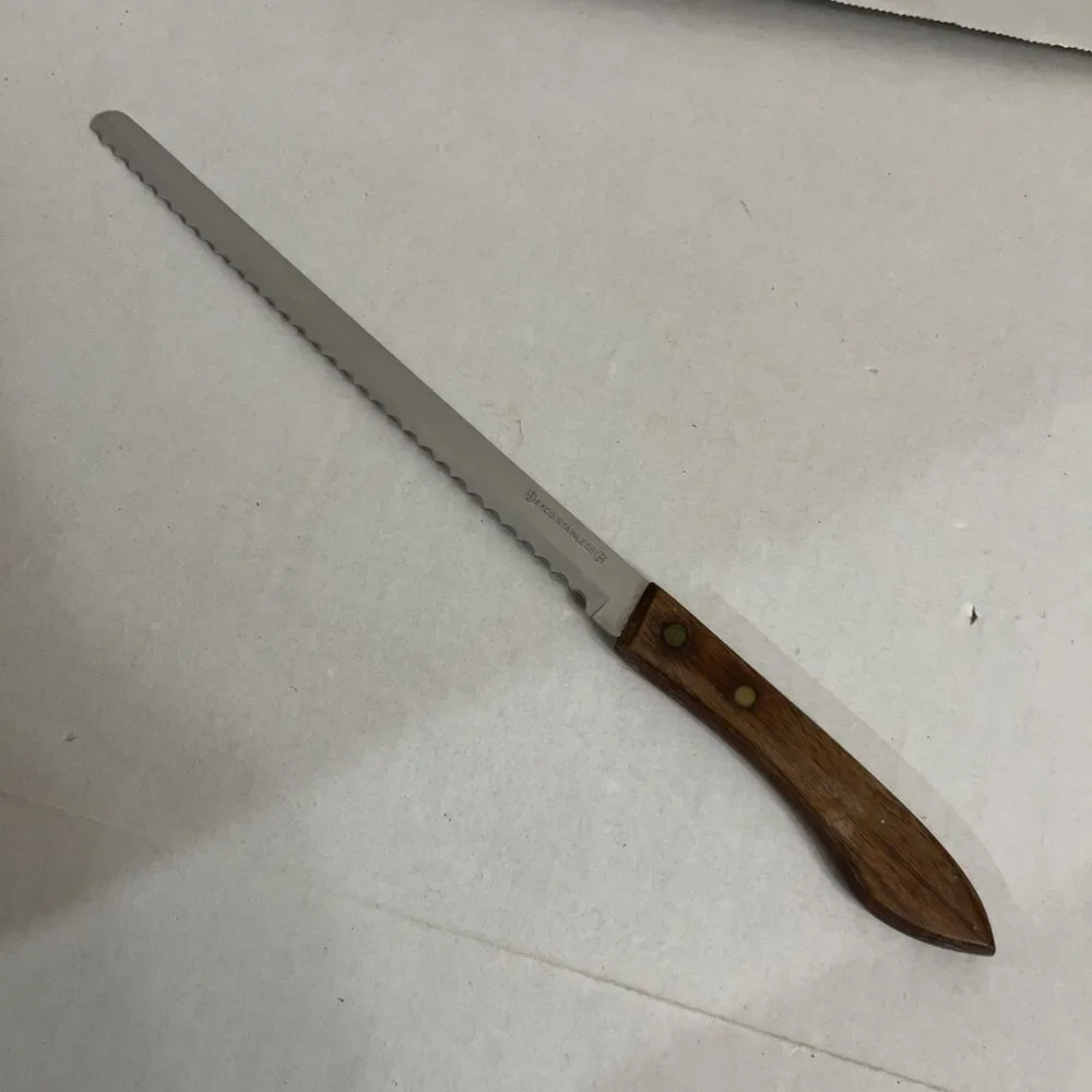 Ekco Flint 8” Waverly Serrated Bread Knife Slicer Wood Handle 2 Rivets USA